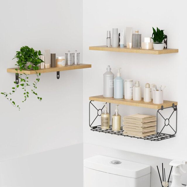 Floating Shelves Set of 3, Rustic Mounted Shelf with Metal Basket, Wall Shelves