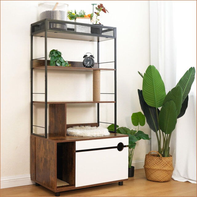 Litter Box Enclosure With 4-tier Shelves And Cat Scratching Post, Large Wood Cat Litter Box Furniture Hidden With Storage, Fit Most Of Litter Box, Vin
