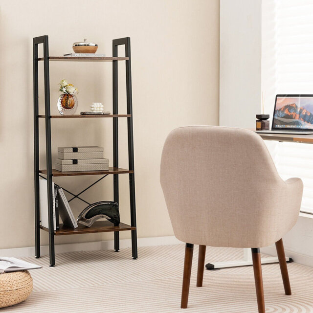 4-Tier Ladder Bookshelf Industrial Bookcase Storage Shelving Unit Anti Tipping