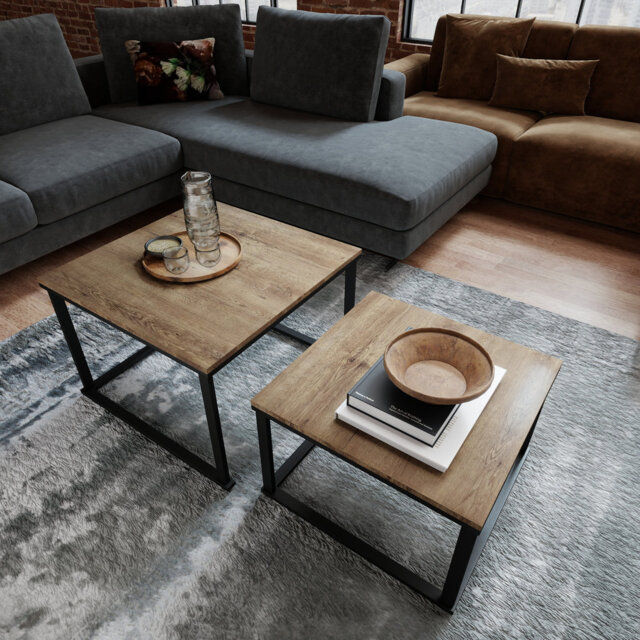 Square Coffee Table Set Of 2, Modern Oak Effect Nesting Tables With Black Frame, Loft Style 2-In-1 Side Tables, Scratch-Resistant Surface Living Room