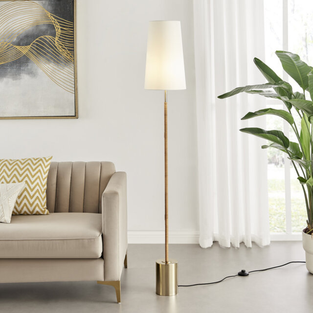 Astral Simple Floor Lamp - Rattan, Brass, Fabric, Sleek Rustic Modern Design