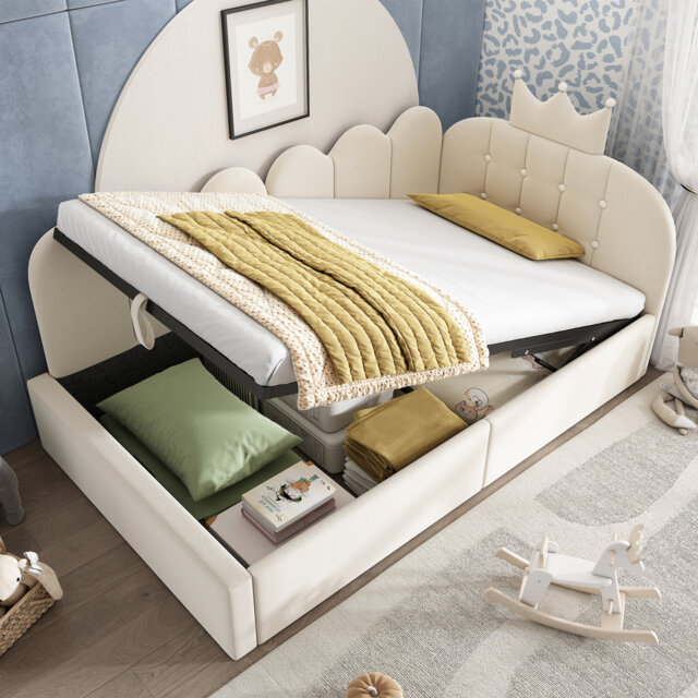 Velvet Daybed With Hydraulic Storage & Crown Lattice Headboard