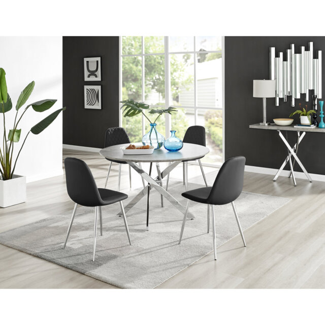 Tierra Modern Chrome Metal & Glass Round Dining Table Set with 4 Luxury Faux Leather Chairs