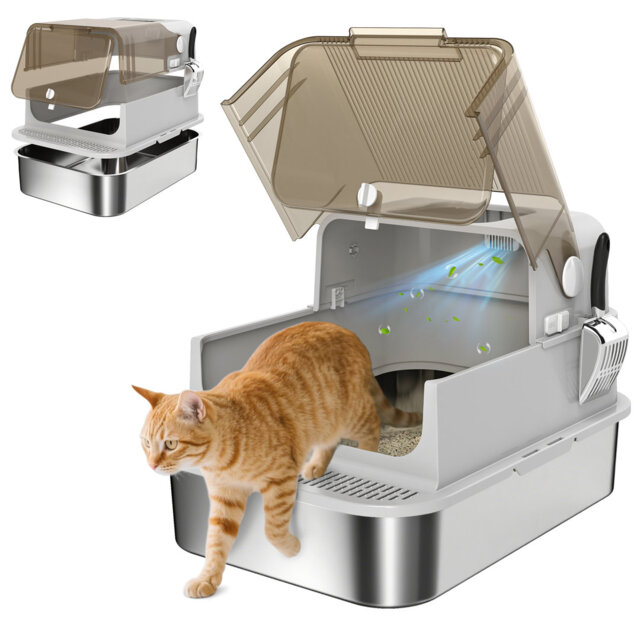 XXL Stainless Steel Cat Litter Tray Enclosed Cat Litter Box Grey