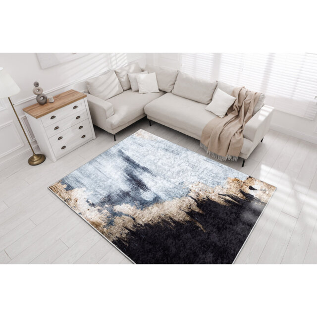 MIRO Abstraction Anti -Slip Wash Rug - Blue / Gold