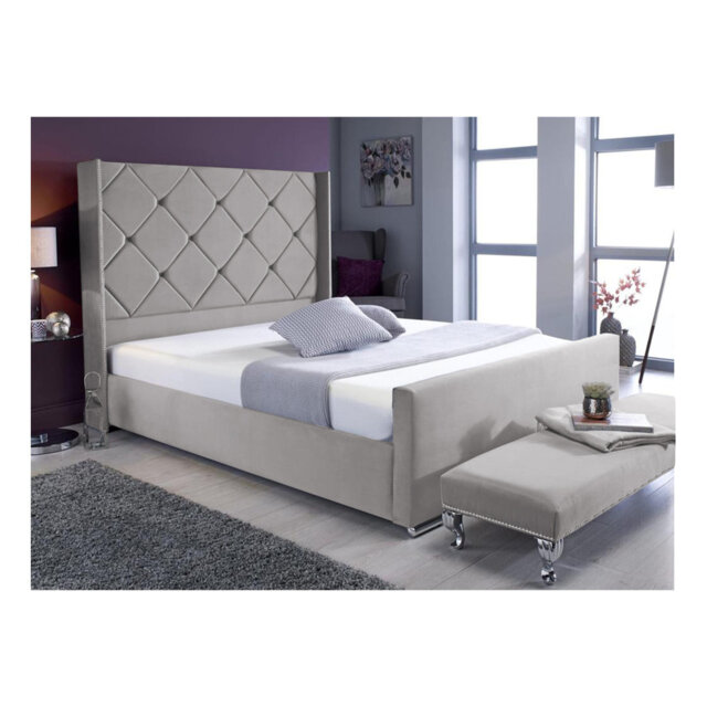 Descanso Chesterfield Velvet Upholstered Bed Frame - Buttoned Headboard, Chrome Feet