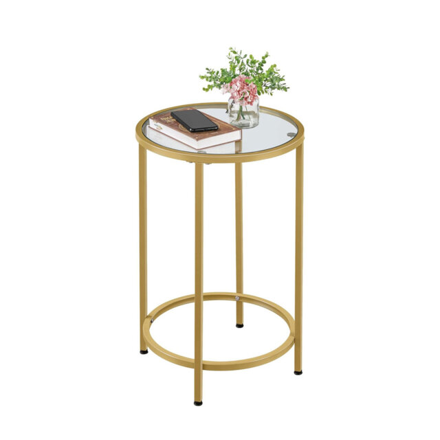 Round Side Table with Tempered Glass Top, Accent Small Sofa Bedside End Table with Metal Frame