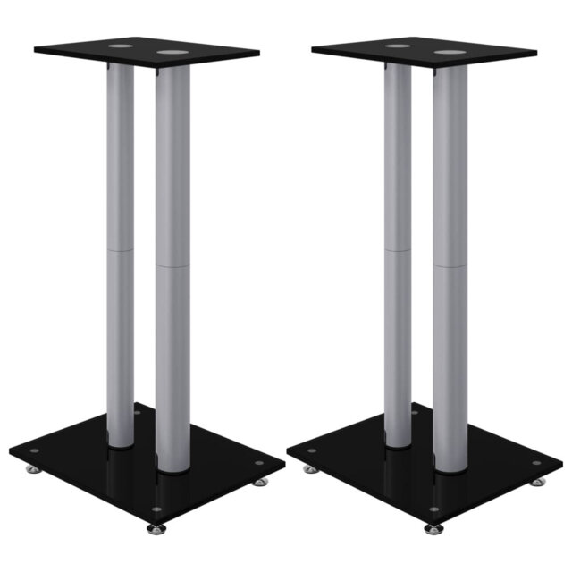 Speaker Stands 2Pcs Black&Silver Tempered Glass 2 Pillars Design