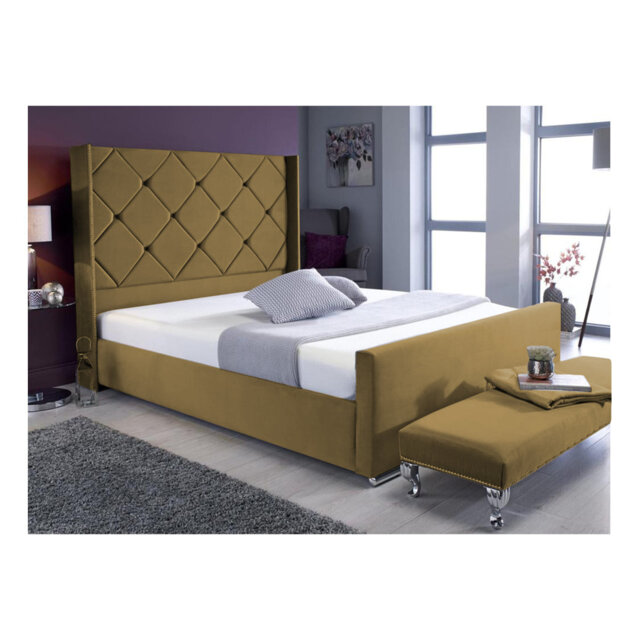 Descanso Chesterfield Velvet Upholstered Bed Frame - Buttoned Headboard, Chrome Feet