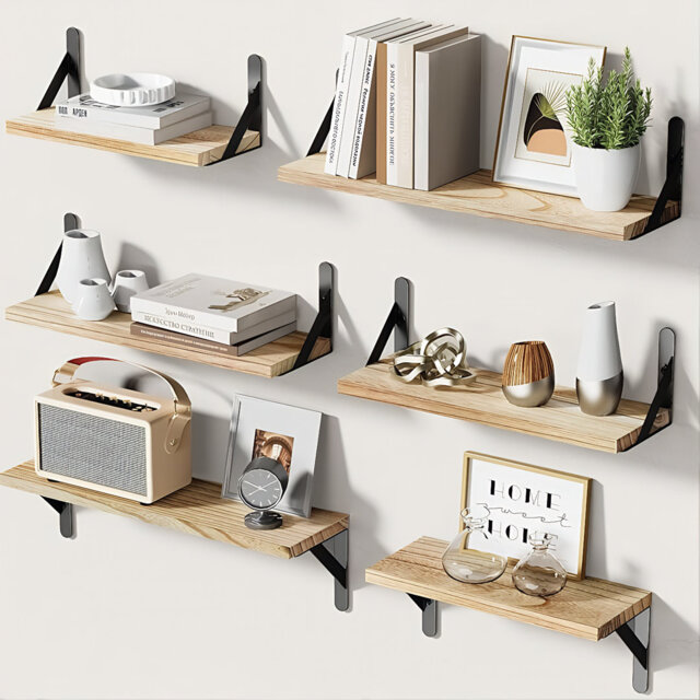 Paulownia Wood Wall Shelf Set, 6-Piece Floating & Bracket Shelves For Living Room, Bedroom Or Bathroom