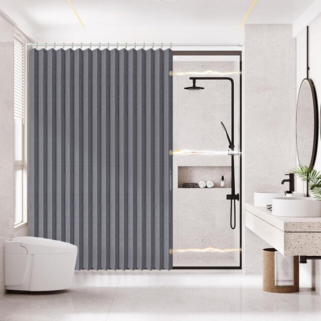 Magnetic Folding Shower Curtains Fabric Polyester Shower Curtain Hook Waterproof Shower Curtain (Grey,195 x 183 cm)