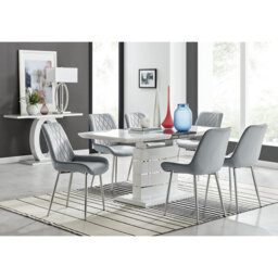 Renne Modern High Gloss Extendable Dining Table Set With 6 Luxury Velvet Dining Chairs