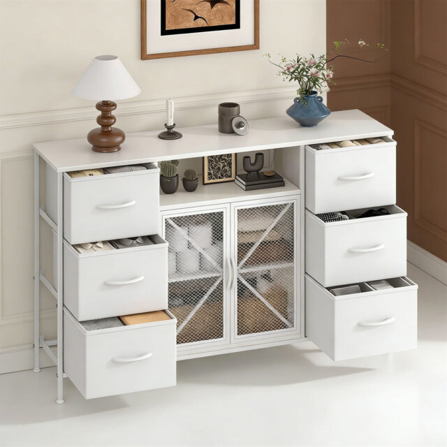 Fabric Chest Of Drawers With Mesh Door, Open Shelf Storage Organizer Unit With Metal Frame For Bedroom, Closet, Hallway & Living Room