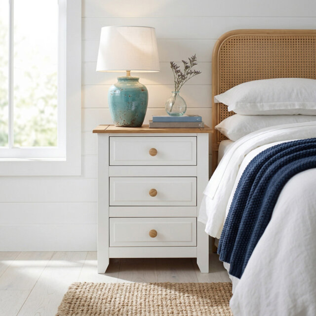 Katalina 3-Drawer Bedside Cabinet, Coastal Farmhouse Nightstand Table
