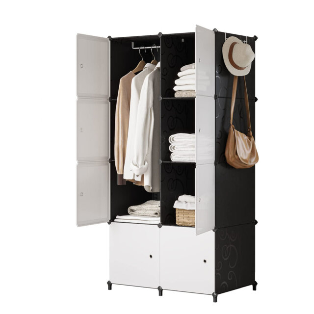 Portable Wardrobe For Bedroom Foldable Wardrobe With Clothes Hanging Rails, Plastic Combination Armoire Modular 8-Cube Cabinet For Clothes Shoes Toys,