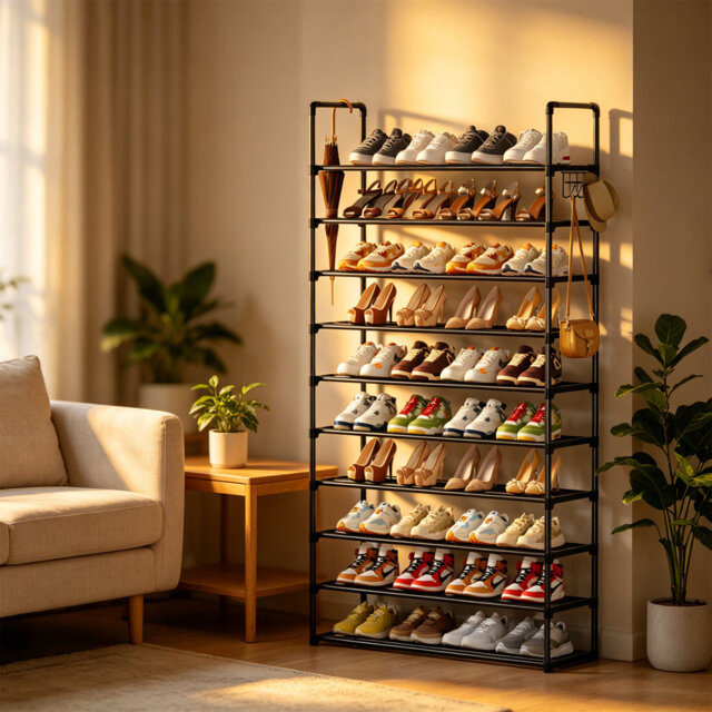 Metal Shoe Rack, 10-Tier Shoe Storage Organizer With Hooks, Holds 40â45 Pairs, Tall Metal Shoe Shelf For Closet, Entryway, Garage, Bedroom & Cloakro