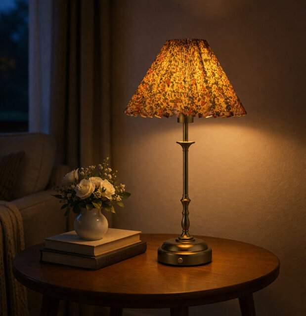 Arragon Antique BRASS STICK Rechargeable Cw Floral Pleated Coolie Table Lamp