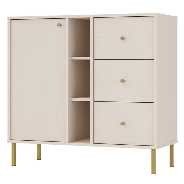 Alexxandra One-Door Sideboard with Three Drawers and Shelves 100 cm Sand Beige on Gold Legs