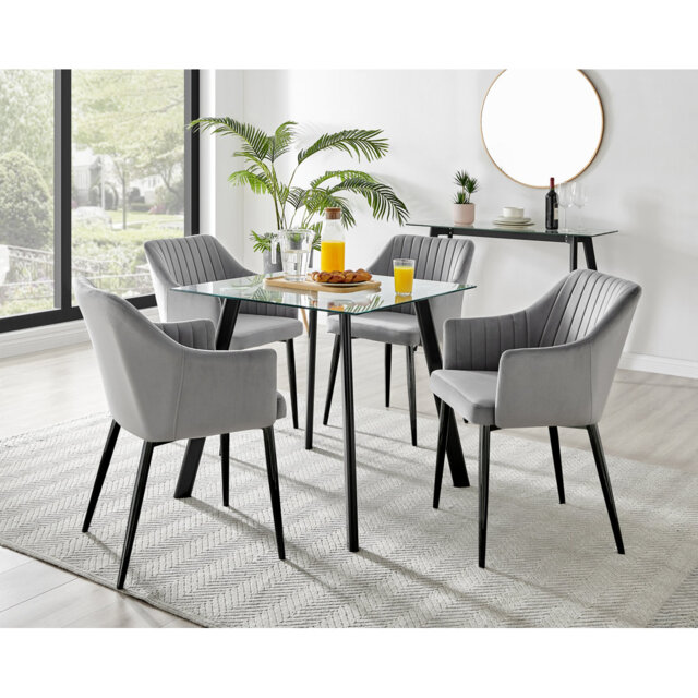 Scandinavian Style Glass and Metal Leg Square Dining Table Set - 4 Modern Velvet Dining Chairs