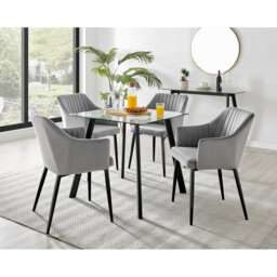 Scandinavian Style Glass and Metal Leg Square Dining Table Set - 4 Modern Velvet Dining Chairs