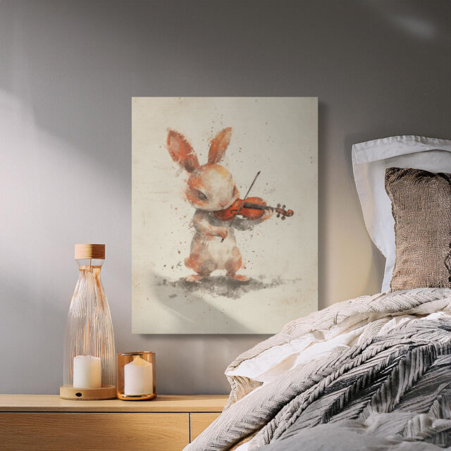 Bunny Violinist Canvas Wall Art, Gallery Wrapped Cute Animal Print, Ready to Hang, Kids Room Decor, Musical Rabbit, Statement Piece