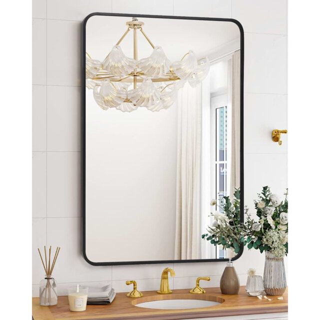 Modern Black Bathroom Mirror – Metal Framed Wall Mounted Vanity Mirror with Rounded Corners, Matte Finish, Tempered Glass, Anti-Rust – Horizontal or V