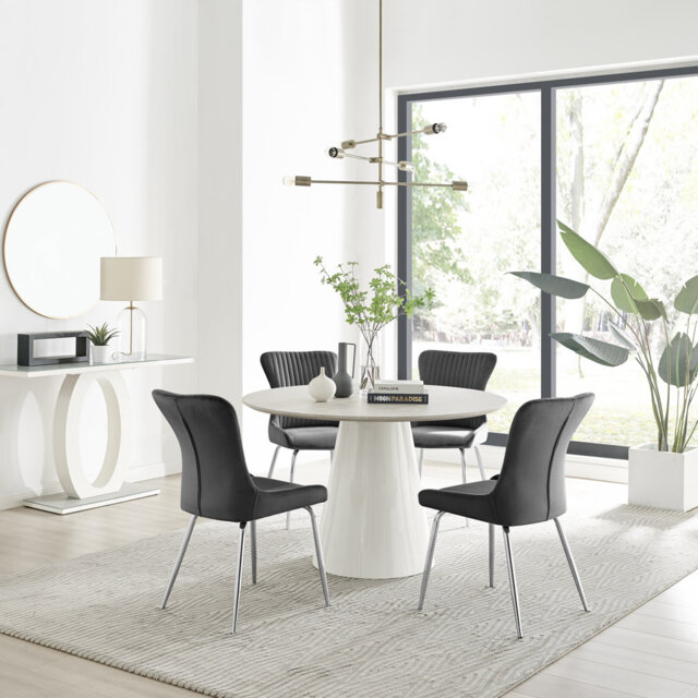 Edzard Statement 4 Person Round Dining Table Set in Luxury Stone Effect - Velvet Dining Chairs