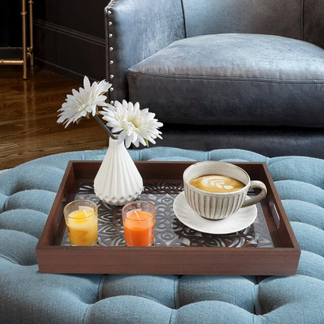 Wooden Serving Tray with Handles (15''x10'') – Decorative for Living Room, Coffee Table, Kitchen, Bedroom & Bathroom