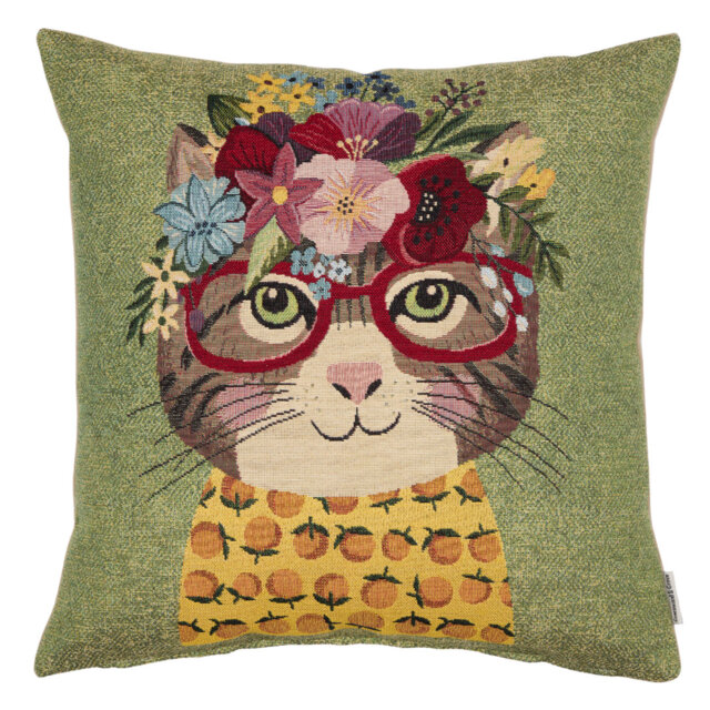Cassie Cat Woven Cushion with Fibre Filler