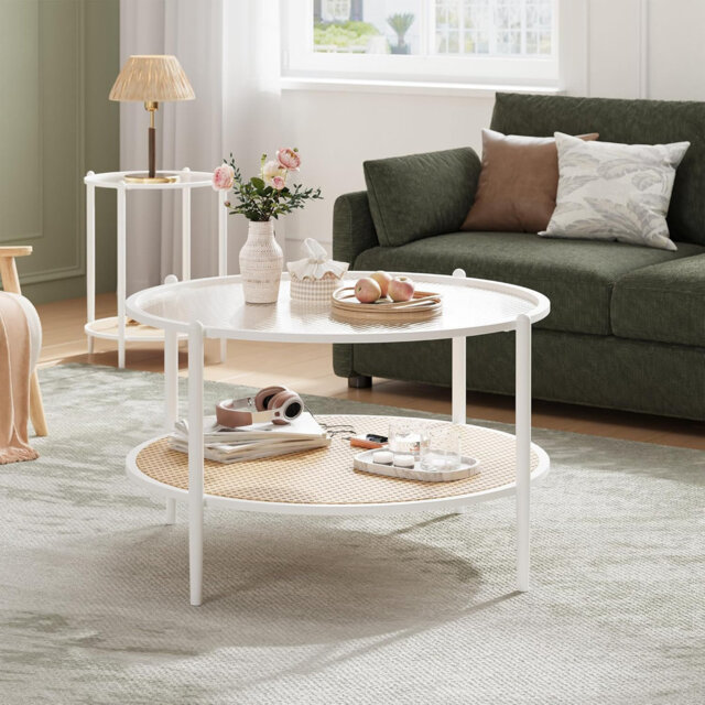 Mid-Century Boho Round Coffee Table â 2-Tier Modern Rattan Center Table for Sofa Bed Side Living Room, Apartment Bedroom Office Meeting Room Small S