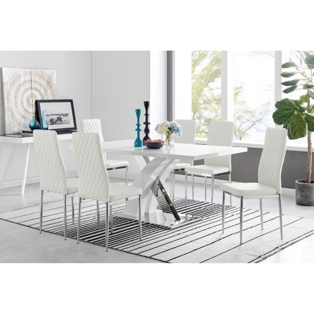 Marietta Chrome Metal & White High Gloss Dining Table Set - 6 Soft Touch Faux Leather Dining Chairs