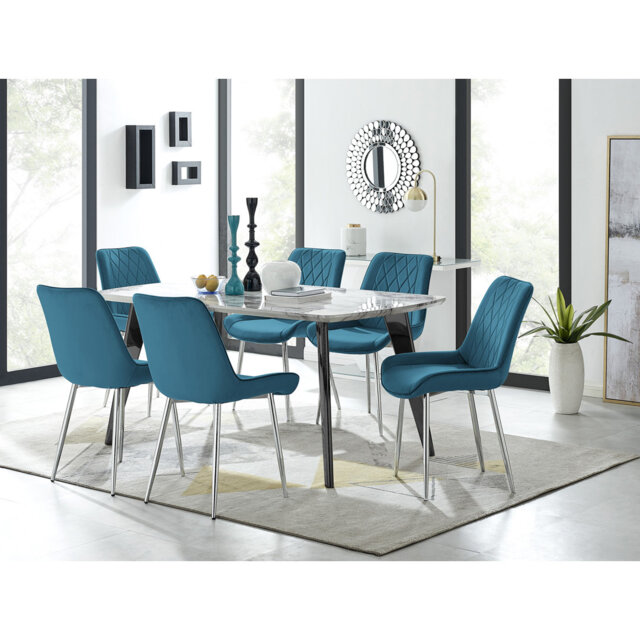 Anders Modern Veneer Marble Effect Dining Table Set with 6 Luxury Velvet Dining Chairs