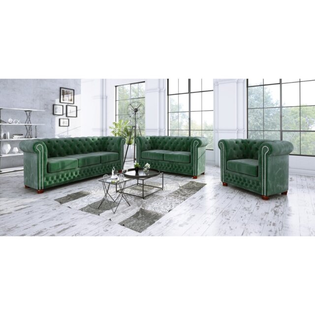 Chesterfield Sofa Set 3+2+1 Made of Velvet Fabric with Solid Wood Legs