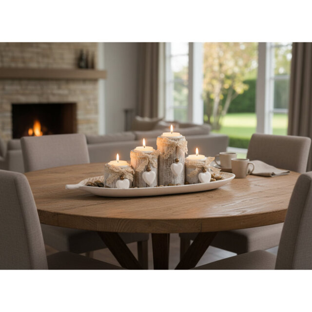 Rustic Wooden Tealight Holder Set with Tray 4 Piece Home Decor