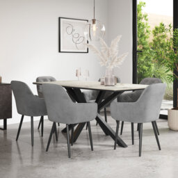 Juno 180cm Calcutta Gold Marble Effect Ceramic Dining Table Set with 8 Anika Velvet Chairs