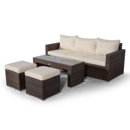 Villatoro Brown Rattan 3 Seat Sofa With 2 Stool Coffee Table, Outdoor Patio Garden Furniture