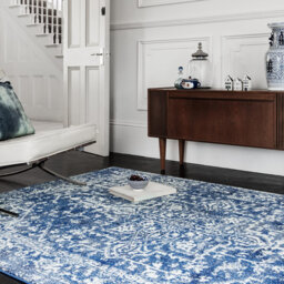 Navy Traditional Easy To Clean Floral Rug For Dining Room