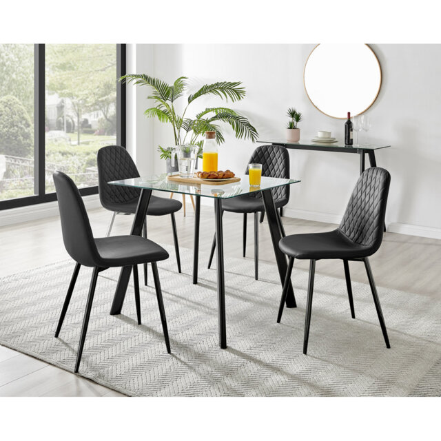 Scandinavian Style Glass and Metal Leg Square Dining Table Set - 4 Modern Faux Leather Dining Chairs