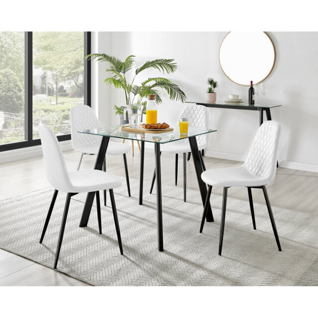Scandinavian Style Glass and Metal Leg Square Dining Table Set - 4 Modern Faux Leather Dining Chairs