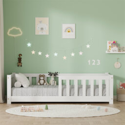 Furniturehmd White Childrens Bed With Slat Support & Enclosure Guardrails, Solid Pine Wood Construction, Safe Toddler Bed Frame For Bedroom,80X160cm