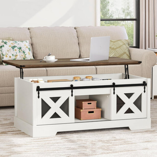 Farmhouse Coffee Table, Lift Top Coffee Table With Storage & Sliding Groove Barn Door, Rustic Center Table For Living Room