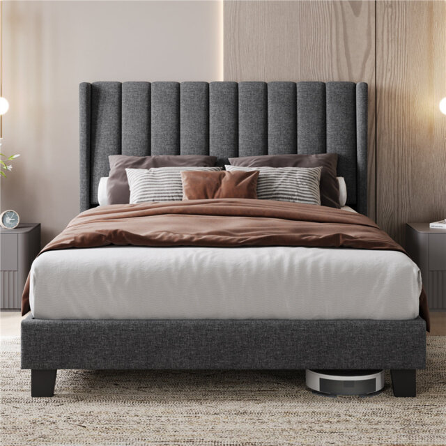 Upholstered Bed Frame with Channel Tufted Headboard