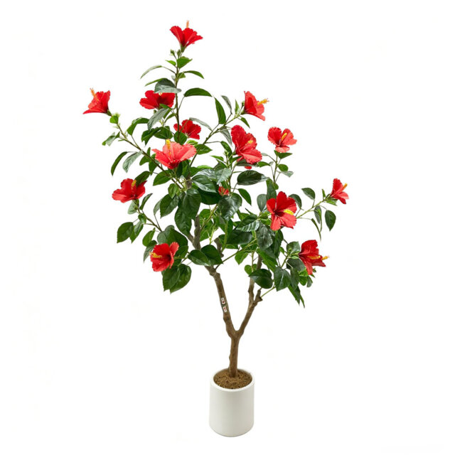 5FT Artificial Hibis-cus Tree with Silk Flowers & Realistic Leaves, Fake Plant Indoor Outdoor Decor with Pot, Red