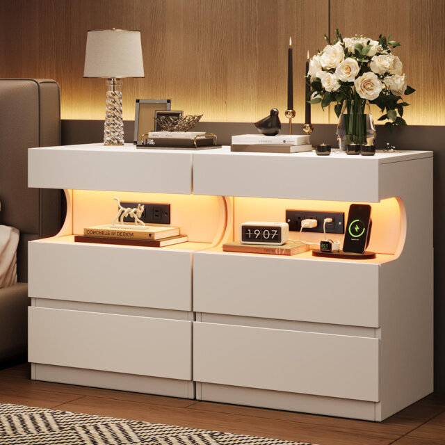 White Nightstand with App-Controlled LED Light, Modern Bedside Table with Charging Station, 3 Drawer End Table with USB Ports & Outlets, U-Shape Open