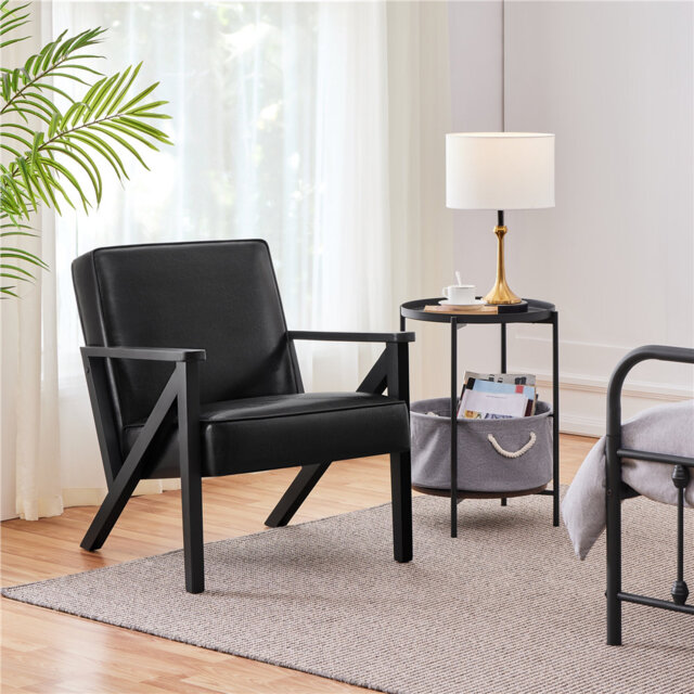 67Cm Wide Modern Upholstered Accent Chair, Faux Leather Armchair with Z-shaped Wood Legs