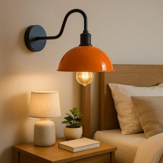 Modern Industrial Vintage Dome Wall Sconce – Fixed Curved Arm Metal Light for Bedroom, Hallway, Living Room, and Office.
