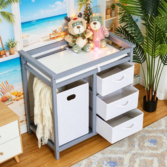 Modern Wooden Baby Changing Table with 3 Drawers, Laundry Hamper, Storage Shelf, and Safety Rails – Nursery Dresser and Infant Diaper Changing Station