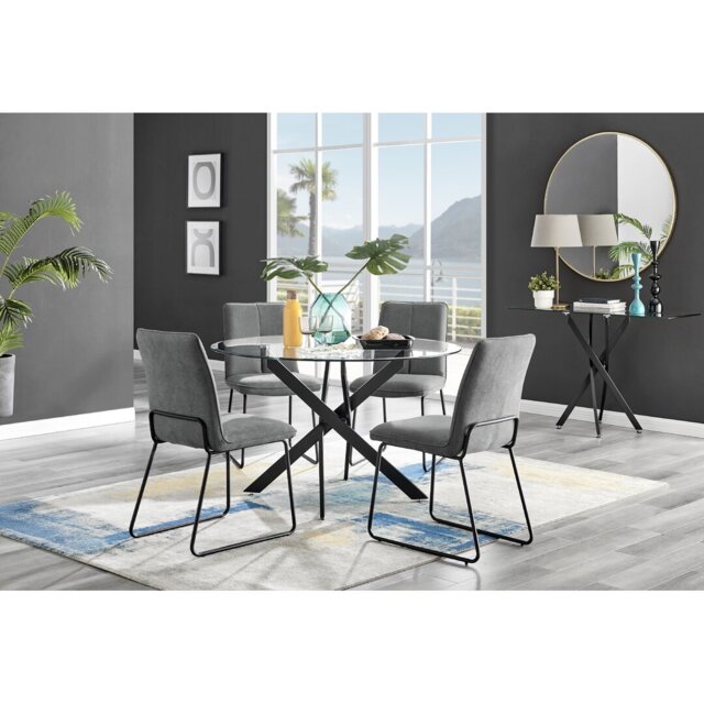 Tierra Modern Glass & Metal Round Dining Table Set & 4 Luxury Dining Chairs