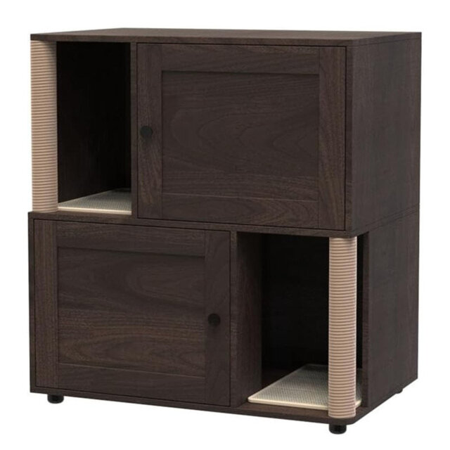 2 Tier Enclosed Litter Box Enclosure with Scratching Post and Dual Mats, Double Litter Box Enclosure Furniture for 2 Cats, Wood Cat Kitty House Cabine