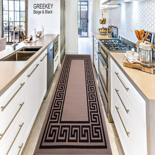 Greek-Key Beige Black Non-Slip Polypropylene Area Rug â Washable Door Mat & Hallway Runner for Living Room, Kitchen & Bedroom